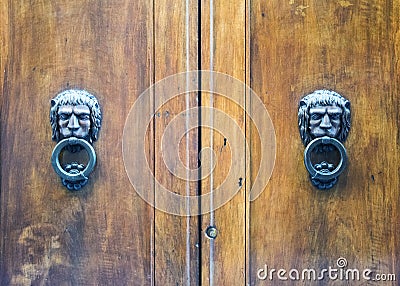 Lion head knockers on an old wooden door. Stock Photo